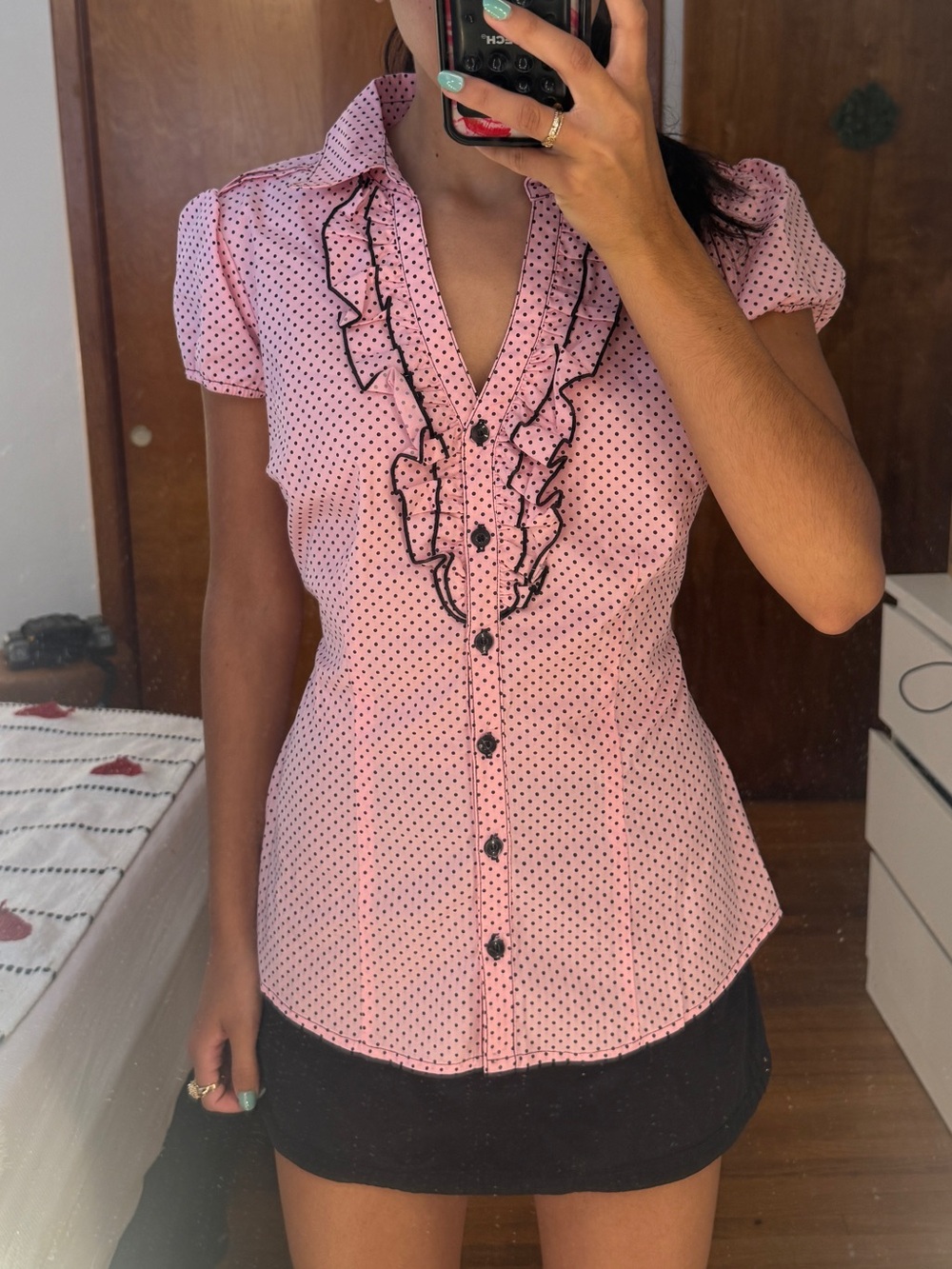 TRUE 2000s GRUNGE ALT LEGALLY BLONDE Pink Polka Dot Ruffle-Trim Button Blouse